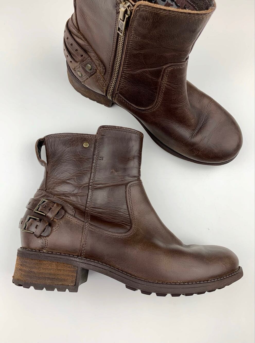 Ugg Orion Biker Boots Brown Leather Buckles Zipper Water Resistant Women's 8